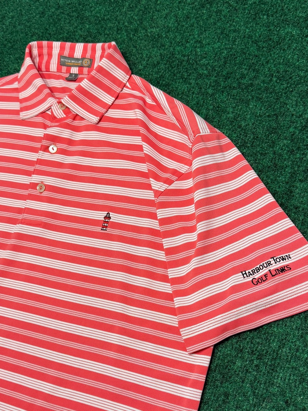 Peter Millar Coral Red & White Golf Polo from Harbour Town Golf Links! (Small)